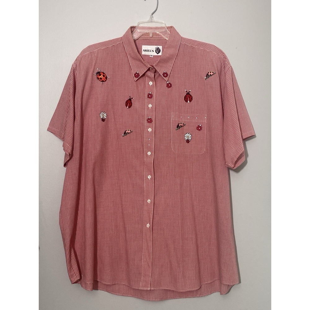 Vintage Women's Ladybug Short Sleeve Button Up Shirt Colorful & Fun - Size 3XL